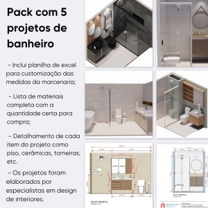 pack 5 projetos de banheiro lista de materiais + planos de corte de marcenaria
