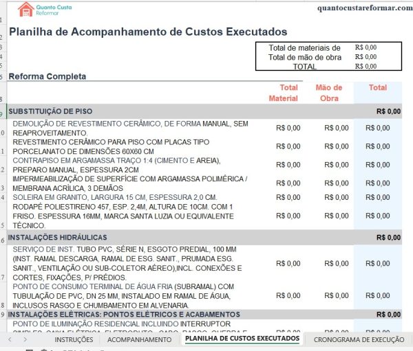 planilha de acompanhamento de custos editável