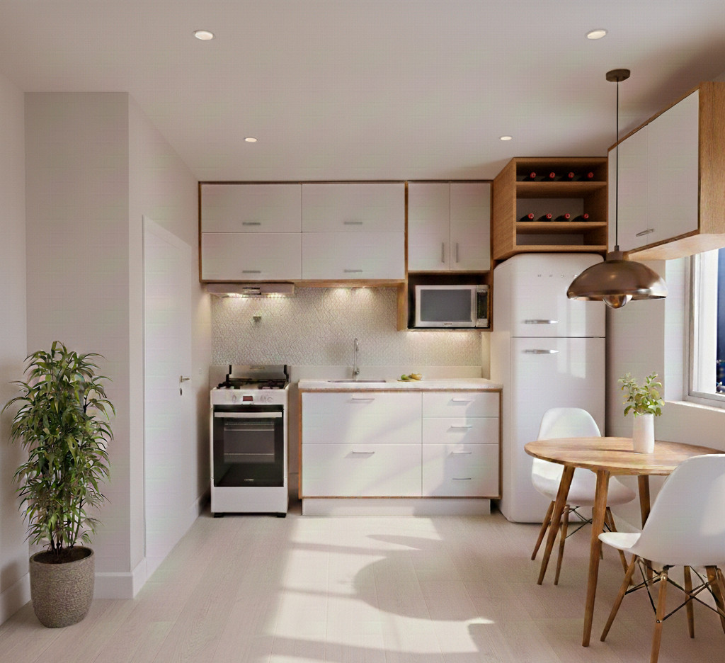 projeto cozinha pequna madeira clara tons bege