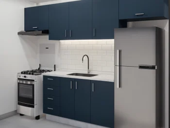 cozinha planejada pequena azul mainho